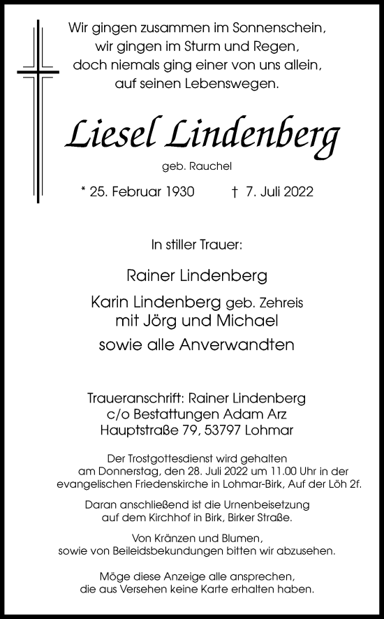 Anzeige von Liesel Lindenberg von Kölner Stadt-Anzeiger / Kölnische Rundschau / Express