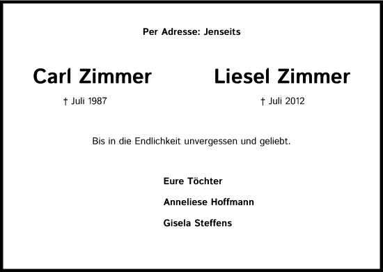 Anzeige von Liesel Zimmer von Kölner Stadt-Anzeiger / Kölnische Rundschau / Express