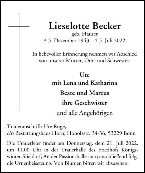 Anzeige von Lieselotte Becker von  Extra Blatt 