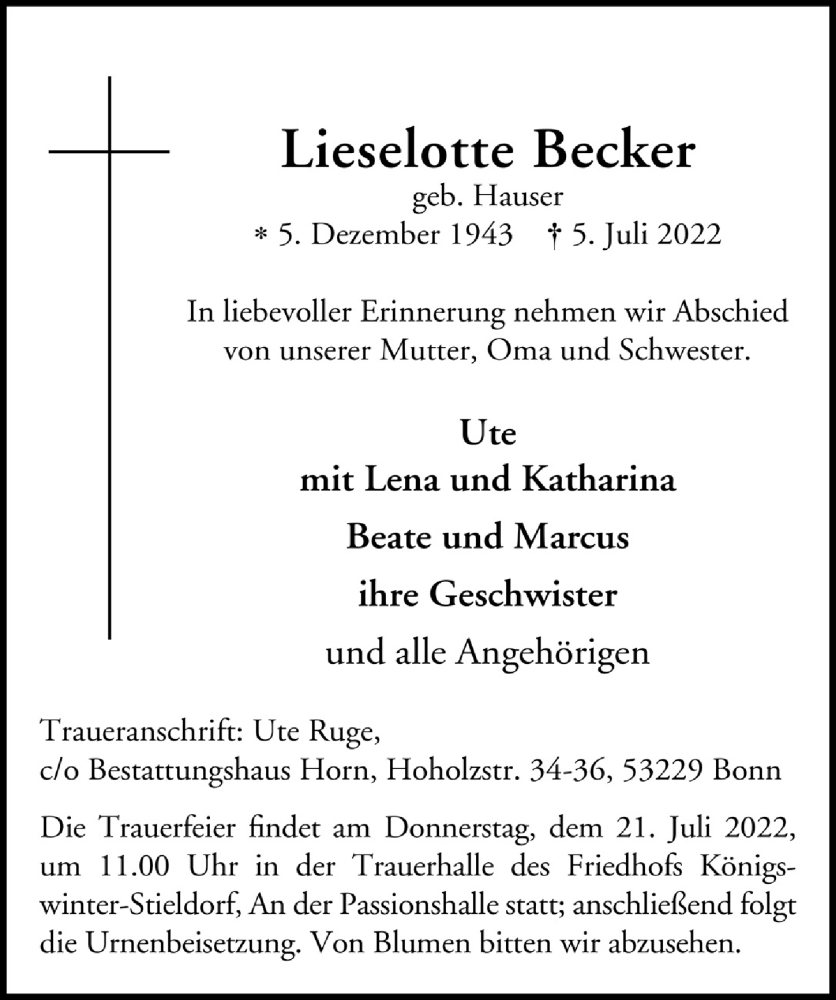  Traueranzeige für Lieselotte Becker vom 15.07.2022 aus  Extra Blatt 
