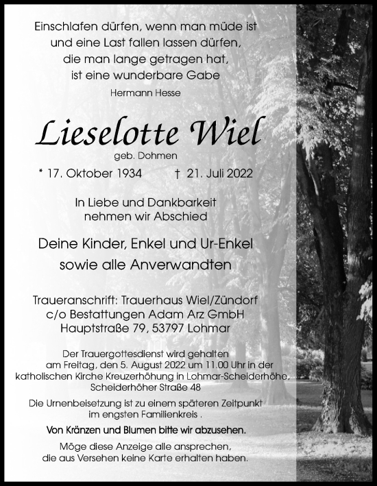 Anzeige von Lieserotte Wiel von Kölner Stadt-Anzeiger / Kölnische Rundschau / Express