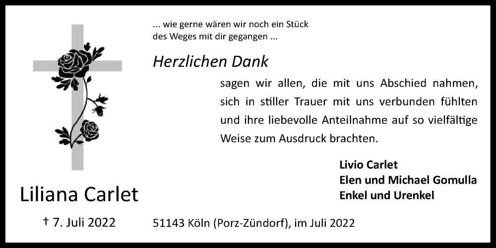  Traueranzeige für Liliana Carlet vom 29.07.2022 aus  EXPRESS - Die Woche 