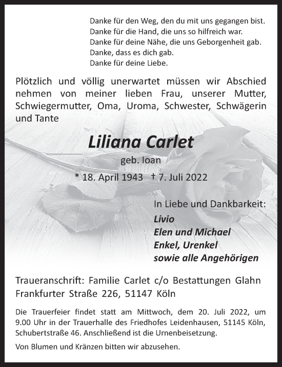 Anzeige von Liliana Carlet von  EXPRESS - Die Woche 