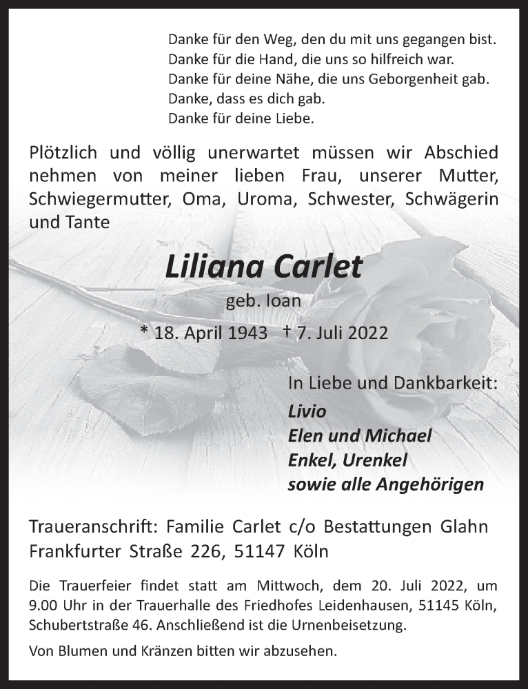  Traueranzeige für Liliana Carlet vom 15.07.2022 aus  EXPRESS - Die Woche 