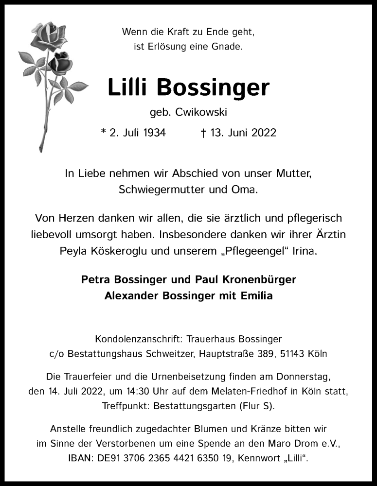  Traueranzeige für Lilli Bossinger vom 02.07.2022 aus Kölner Stadt-Anzeiger / Kölnische Rundschau / Express