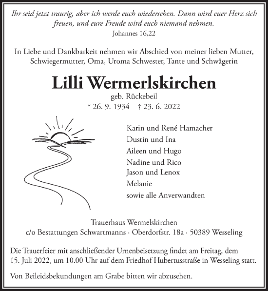 Anzeige von Lilli Wermerlskirchen von  Schlossbote/Werbekurier 