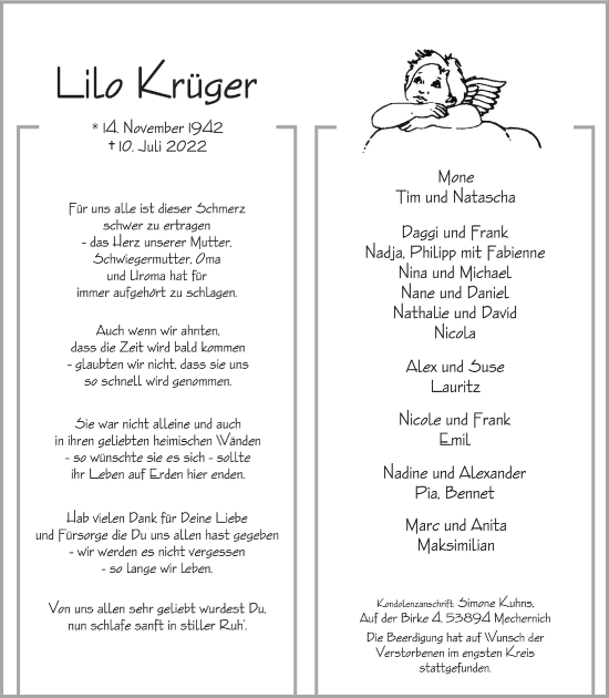 Anzeige von Lilo Krüger von  Blickpunkt Euskirchen 