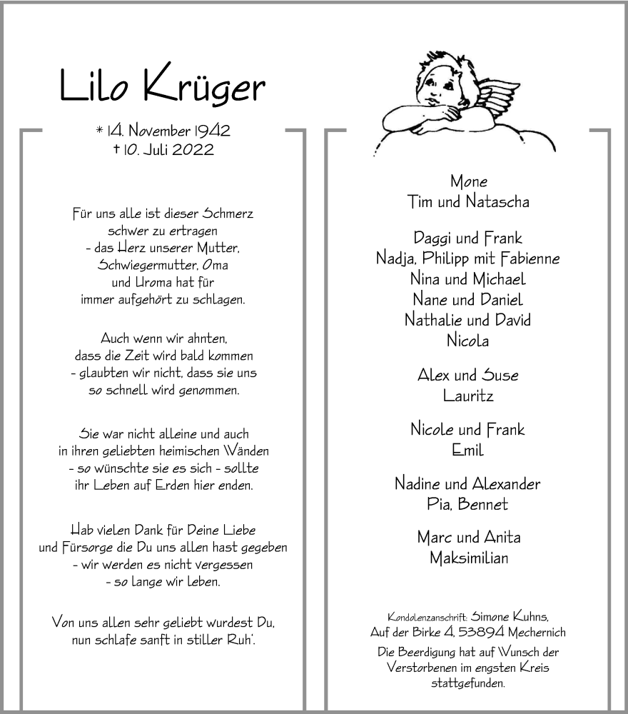  Traueranzeige für Lilo Krüger vom 16.07.2022 aus Kölner Stadt-Anzeiger / Kölnische Rundschau / Express