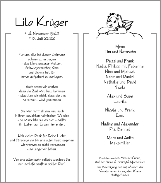 Anzeige von Lilo Krüger von Kölner Stadt-Anzeiger / Kölnische Rundschau / Express