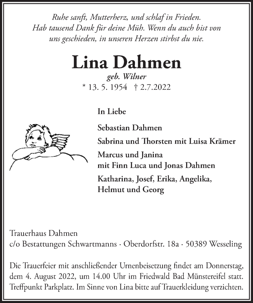  Traueranzeige für Lina Dahmen vom 29.07.2022 aus  Schlossbote/Werbekurier 