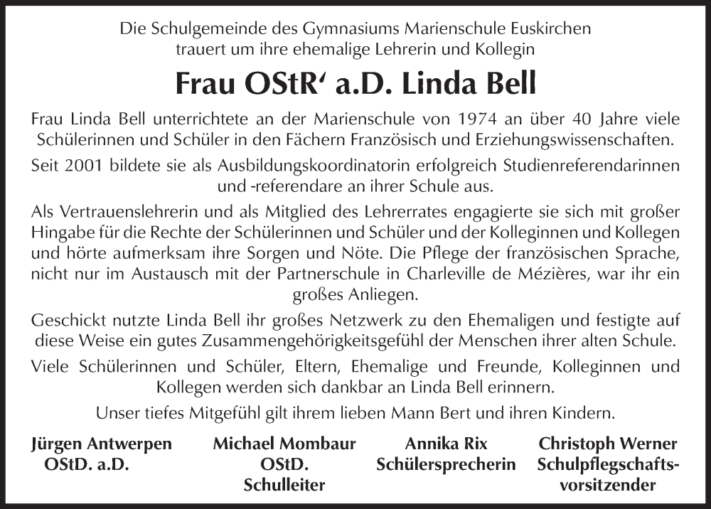  Traueranzeige für Linda Bell vom 09.07.2022 aus  Blickpunkt Euskirchen 