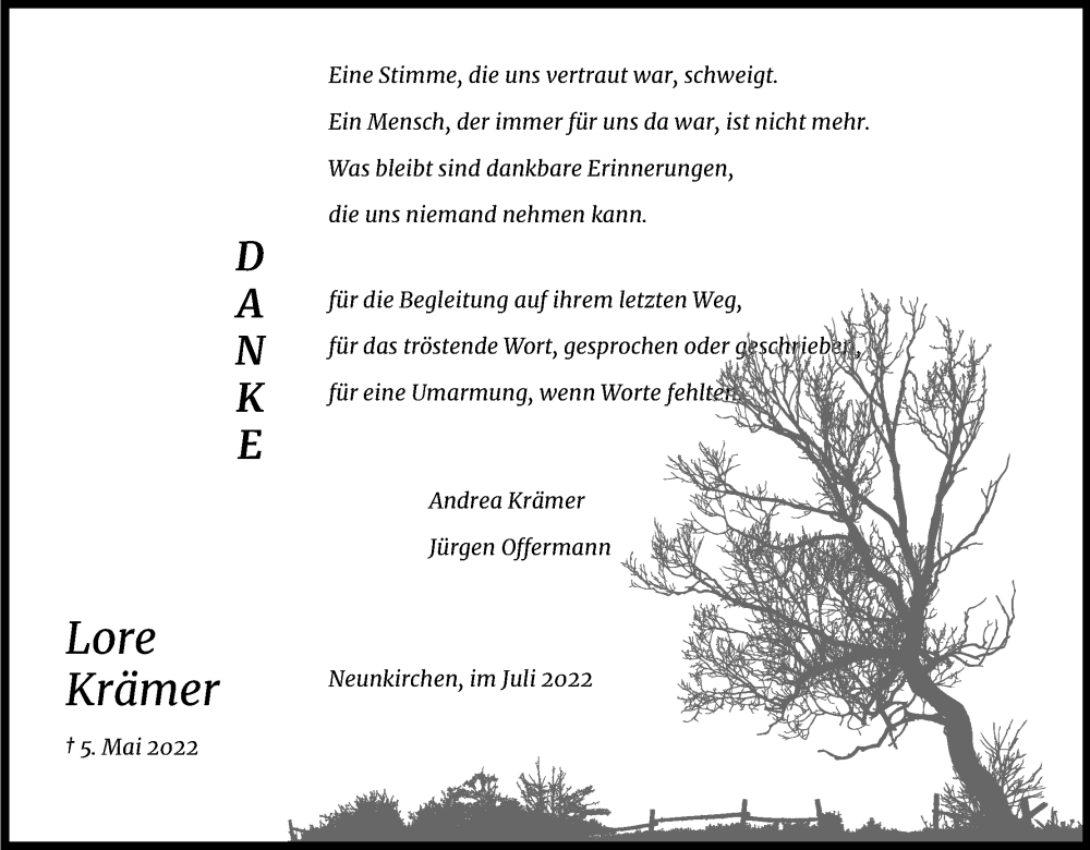  Traueranzeige für Lore Krämer vom 02.07.2022 aus Kölner Stadt-Anzeiger / Kölnische Rundschau / Express