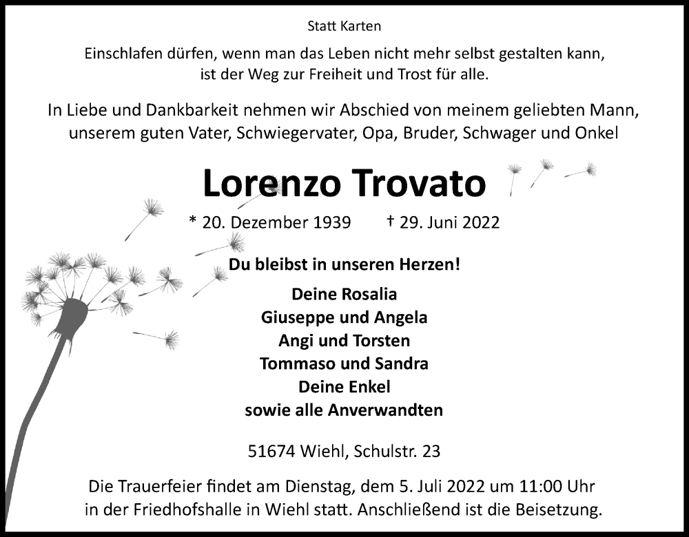  Traueranzeige für Lorenzo Trovato vom 02.07.2022 aus Kölner Stadt-Anzeiger / Kölnische Rundschau / Express