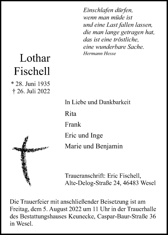 Anzeige von Lothar Fischell von Kölner Stadt-Anzeiger / Kölnische Rundschau / Express