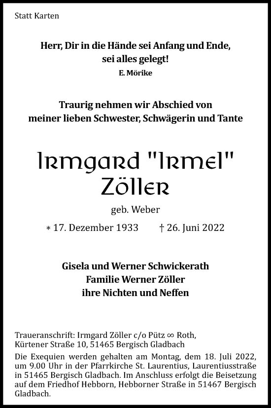 Anzeige von lrmgard Zöller von Kölner Stadt-Anzeiger / Kölnische Rundschau / Express