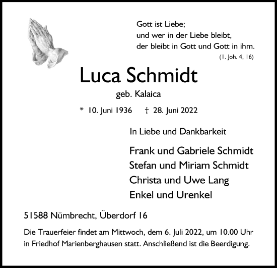 Anzeige von Luca Schmidt von Kölner Stadt-Anzeiger / Kölnische Rundschau / Express