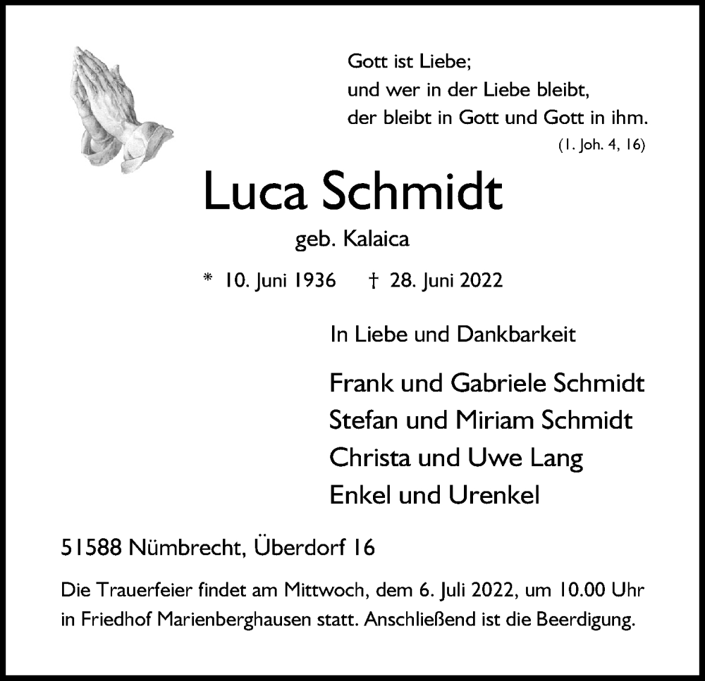  Traueranzeige für Luca Schmidt vom 02.07.2022 aus Kölner Stadt-Anzeiger / Kölnische Rundschau / Express