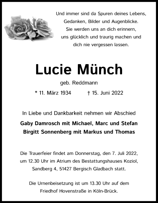 Anzeige von Lucie Münch von Kölner Stadt-Anzeiger / Kölnische Rundschau / Express