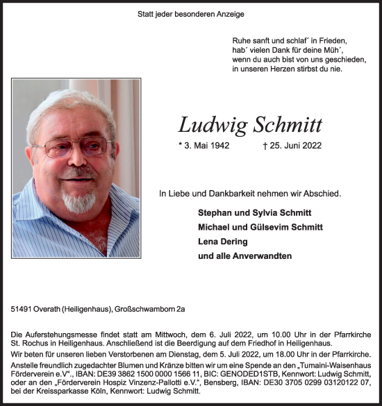 Anzeige von Ludwig Schmitt von Kölner Stadt-Anzeiger / Kölnische Rundschau / Express