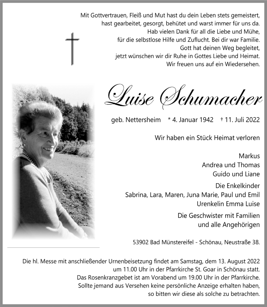  Traueranzeige für Luise Schumacher vom 30.07.2022 aus  Blickpunkt Euskirchen 