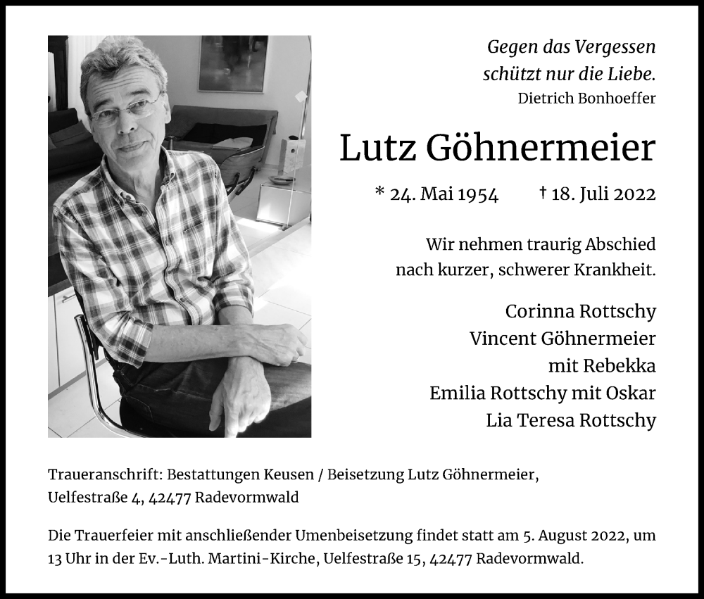  Traueranzeige für Lutz Göhnermeier vom 30.07.2022 aus Kölner Stadt-Anzeiger / Kölnische Rundschau / Express