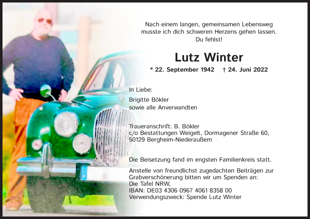  Traueranzeige für Lutz Winter vom 23.07.2022 aus Kölner Stadt-Anzeiger / Kölnische Rundschau / Express