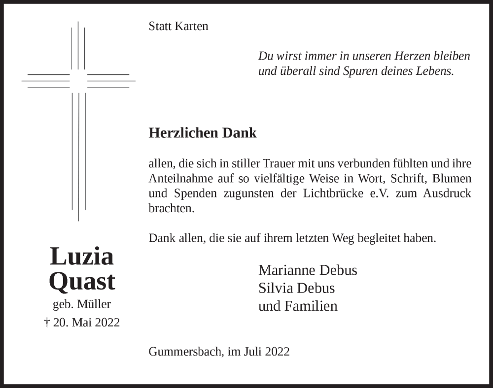  Traueranzeige für Luzia Quast vom 08.07.2022 aus  Anzeigen Echo 