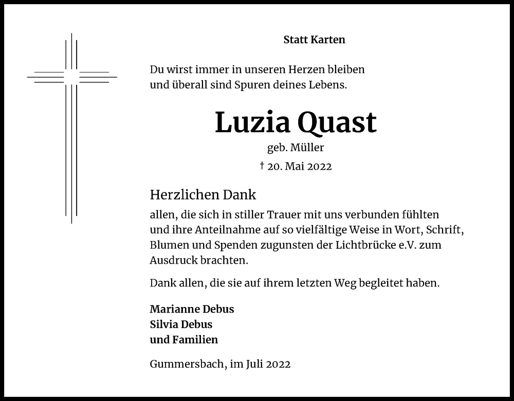  Traueranzeige für Luzia Quast vom 09.07.2022 aus Kölner Stadt-Anzeiger / Kölnische Rundschau / Express