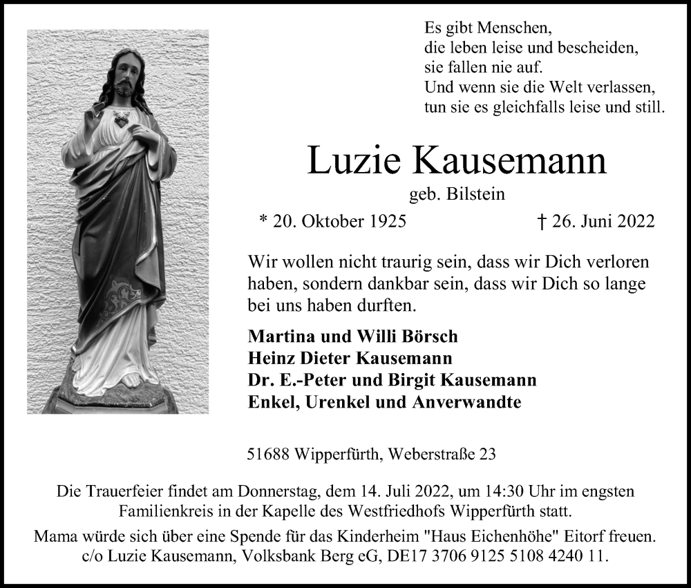  Traueranzeige für Luzie Kausemann vom 02.07.2022 aus Kölner Stadt-Anzeiger / Kölnische Rundschau / Express