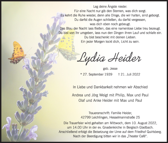 Anzeige von Lyidia Heider von Kölner Stadt-Anzeiger / Kölnische Rundschau / Express