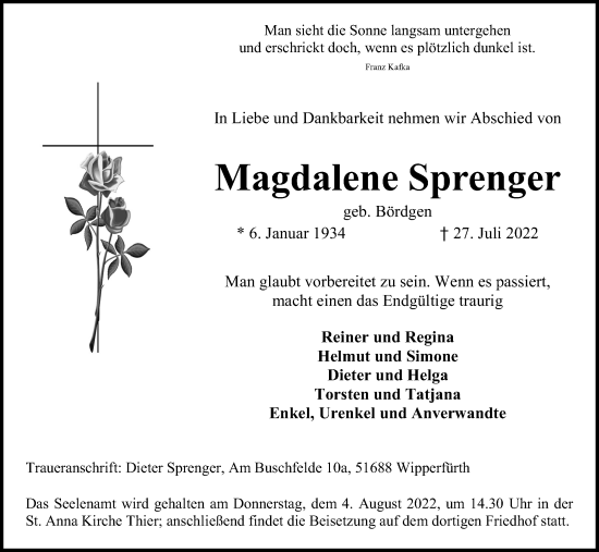 Anzeige von Magdalene Sprenger von Kölner Stadt-Anzeiger / Kölnische Rundschau / Express