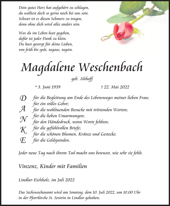 Anzeige von Magdalene Weschenbach von Kölner Stadt-Anzeiger / Kölnische Rundschau / Express