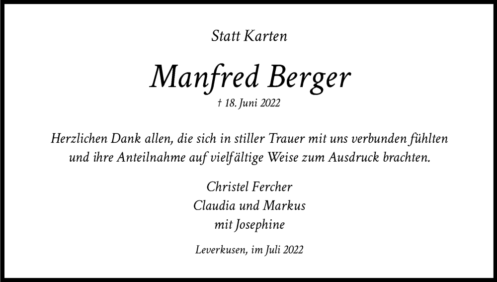  Traueranzeige für Manfred Berger vom 30.07.2022 aus Kölner Stadt-Anzeiger / Kölnische Rundschau / Express