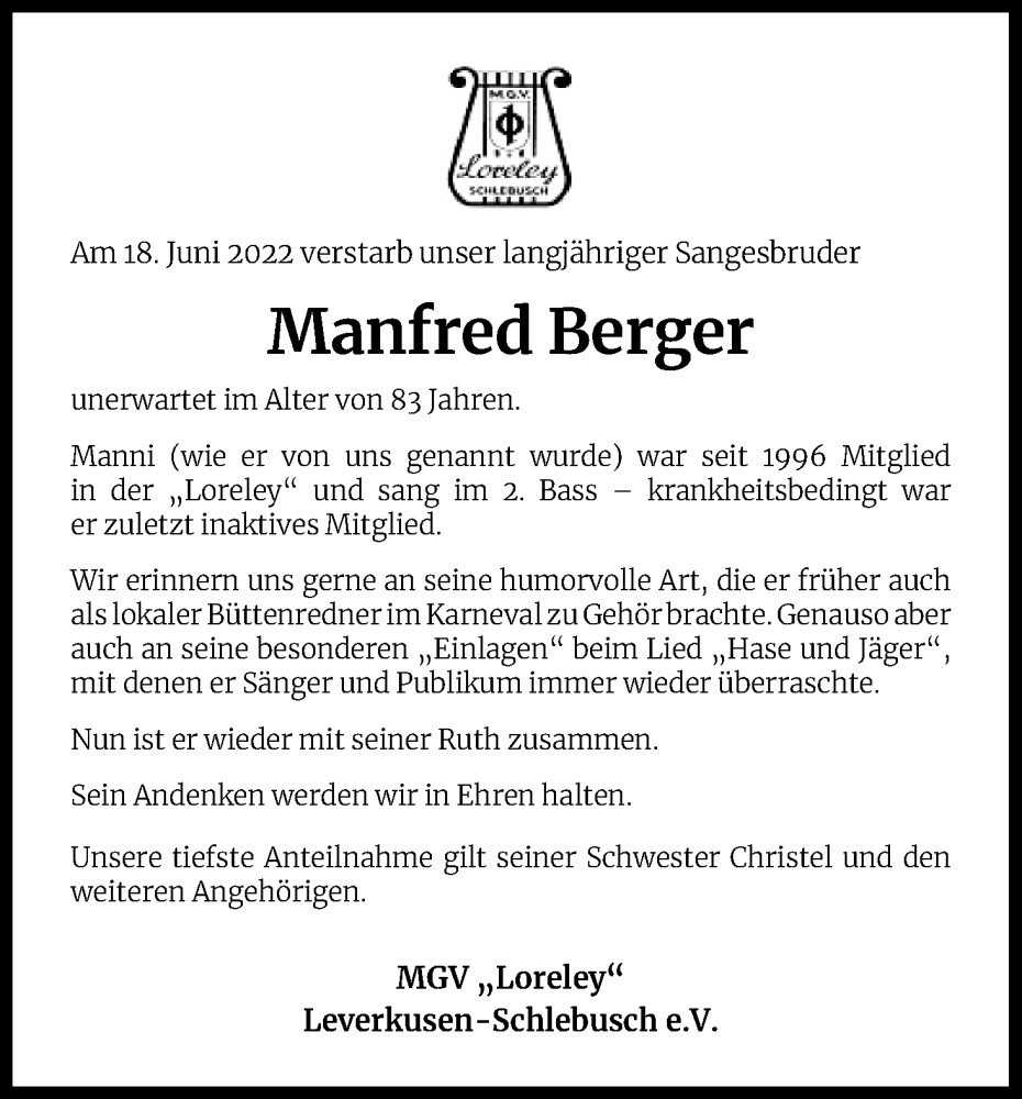  Traueranzeige für Manfred Berger vom 05.07.2022 aus Kölner Stadt-Anzeiger / Kölnische Rundschau / Express