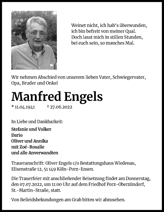 Anzeige von Manfred Engels von Kölner Stadt-Anzeiger / Kölnische Rundschau / Express