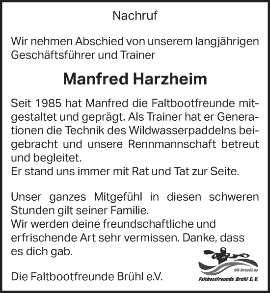 Anzeige von Manfred Harzheim von  Schlossbote/Werbekurier 