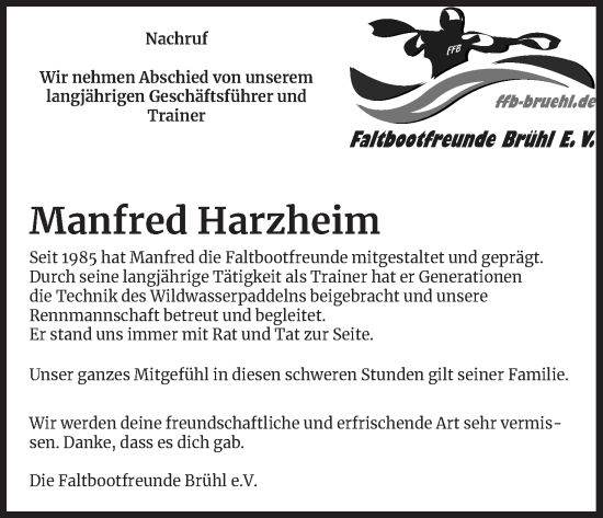 Anzeige von Manfred Harzheim von Kölner Stadt-Anzeiger / Kölnische Rundschau / Express