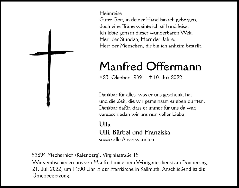  Traueranzeige für Manfred Offermann vom 16.07.2022 aus  Blickpunkt Euskirchen 