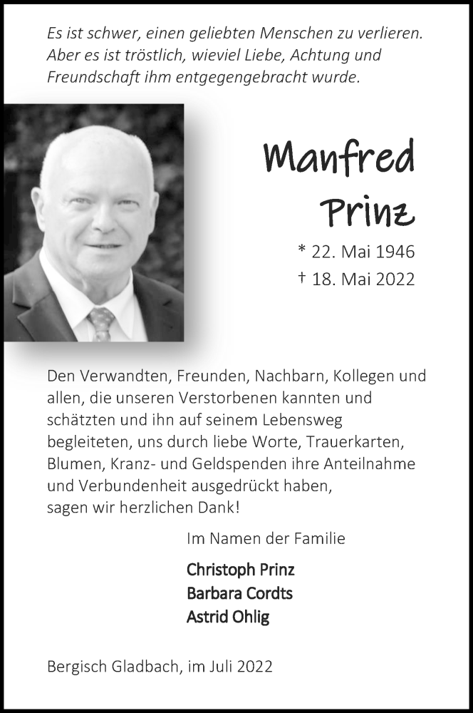  Traueranzeige für Manfred Prinz vom 30.07.2022 aus Kölner Stadt-Anzeiger / Kölnische Rundschau / Express