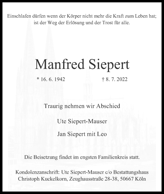 Anzeige von Manfred Siepert von Kölner Stadt-Anzeiger / Kölnische Rundschau / Express