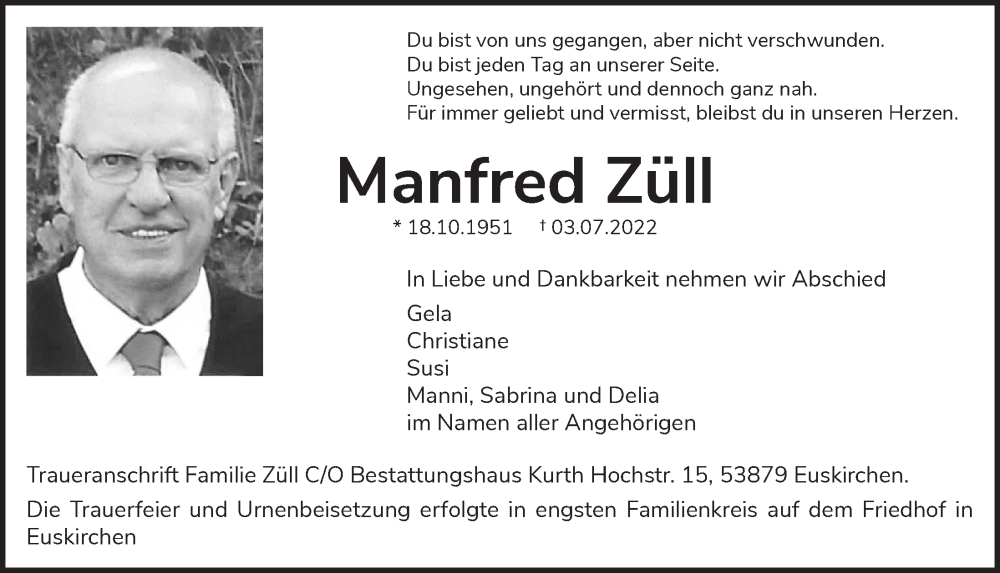  Traueranzeige für Manfred Züll vom 23.07.2022 aus  Blickpunkt Euskirchen 