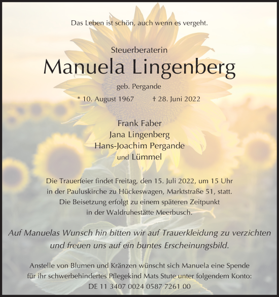 Anzeige von Manuela Lingenberg von Kölner Stadt-Anzeiger / Kölnische Rundschau / Express