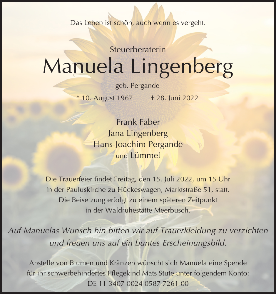  Traueranzeige für Manuela Lingenberg vom 09.07.2022 aus Kölner Stadt-Anzeiger / Kölnische Rundschau / Express