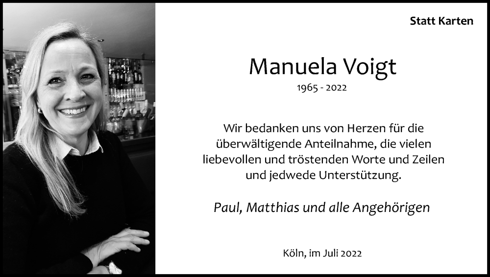  Traueranzeige für Manuela Voigt vom 16.07.2022 aus Kölner Stadt-Anzeiger / Kölnische Rundschau / Express