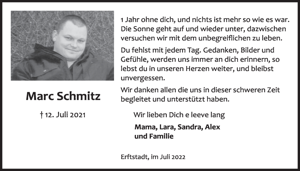  Traueranzeige für Marc Schmitz vom 08.07.2022 aus  Werbepost 
