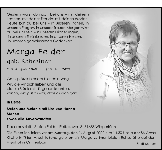 Anzeige von Marga Felder von Kölner Stadt-Anzeiger / Kölnische Rundschau / Express