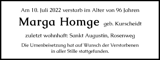 Anzeige von Marga Homge von Kölner Stadt-Anzeiger / Kölnische Rundschau / Express