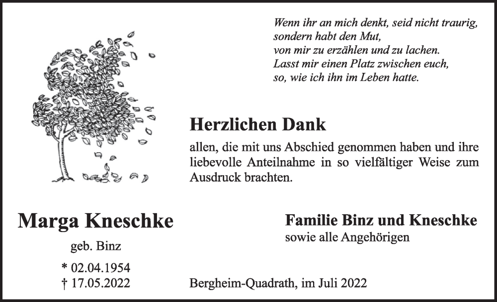  Traueranzeige für Marga Kneschke vom 08.07.2022 aus  Werbepost 