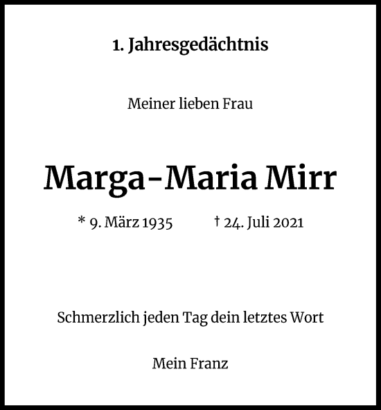 Anzeige von Marga-Maria Mirr von Kölner Stadt-Anzeiger / Kölnische Rundschau / Express
