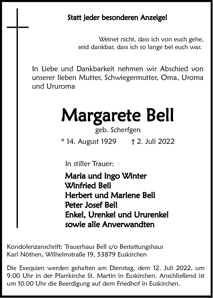  Traueranzeige für Margarete Bell vom 09.07.2022 aus Kölner Stadt-Anzeiger / Kölnische Rundschau / Express